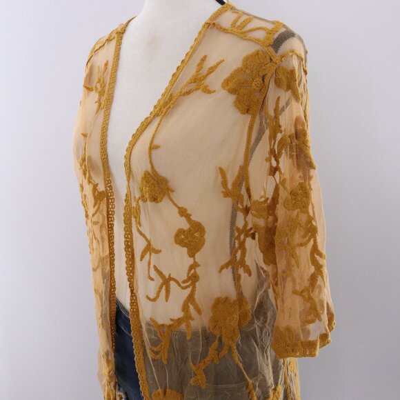 Maurices | Short Sleeve Cardigan Small Embroidered Sheer Mustard - Picture 2 of 6